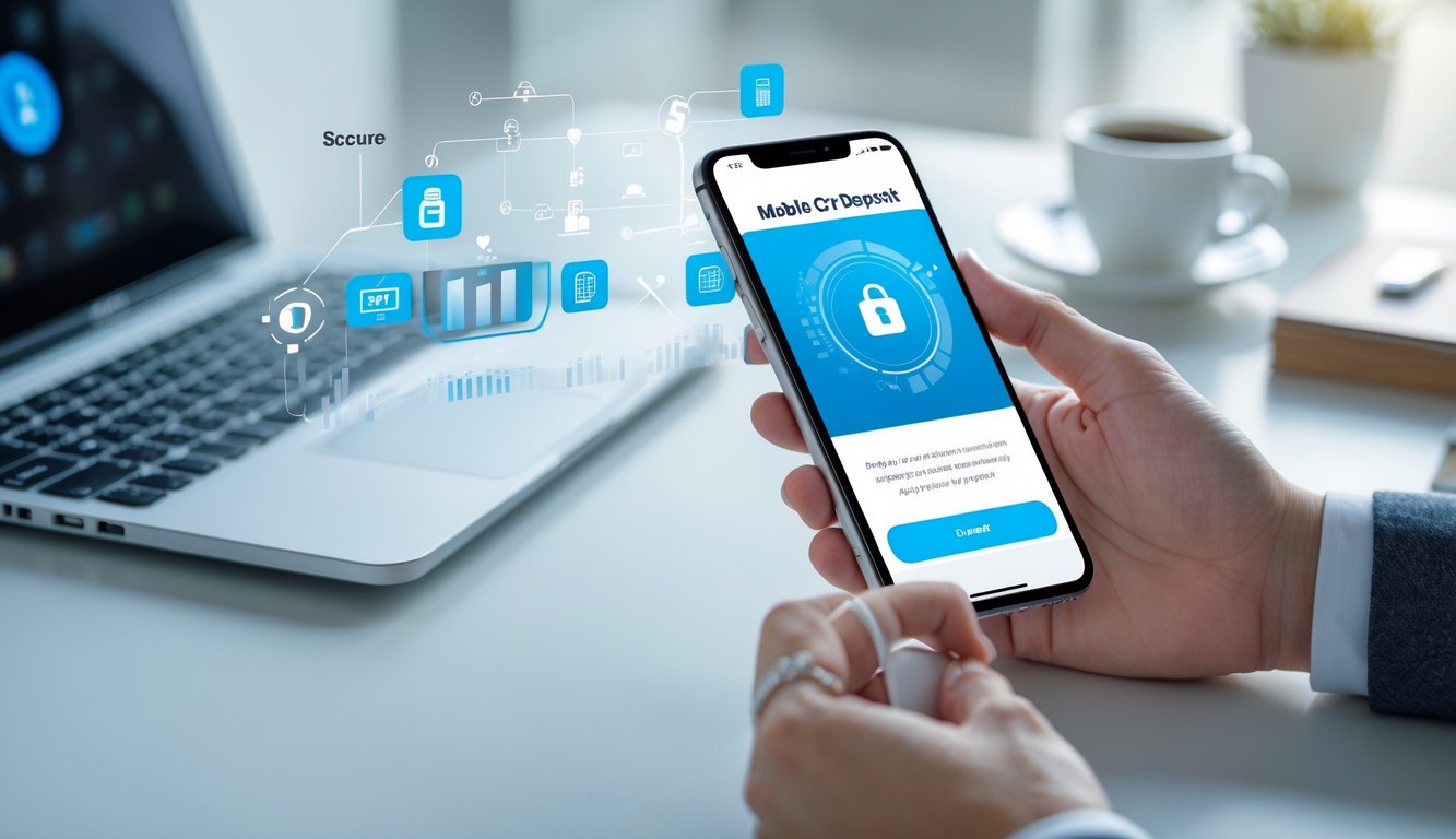 Seseorang menggunakan ponsel untuk melakukan transaksi deposit pulsa secara online di meja kerja dengan laptop dan secangkir kopi.