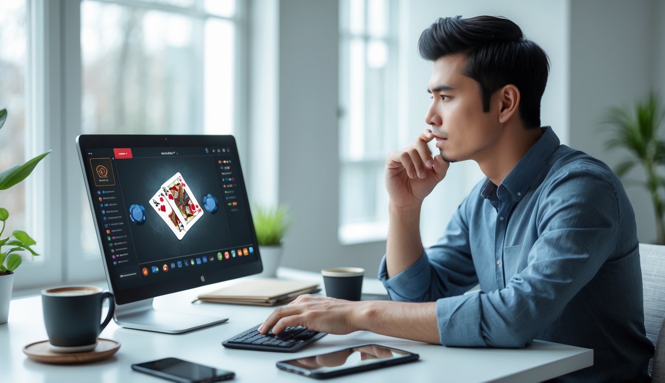 Seorang pria muda duduk di meja dengan laptop, fokus bermain permainan kartu online di ruangan yang terang dan nyaman.