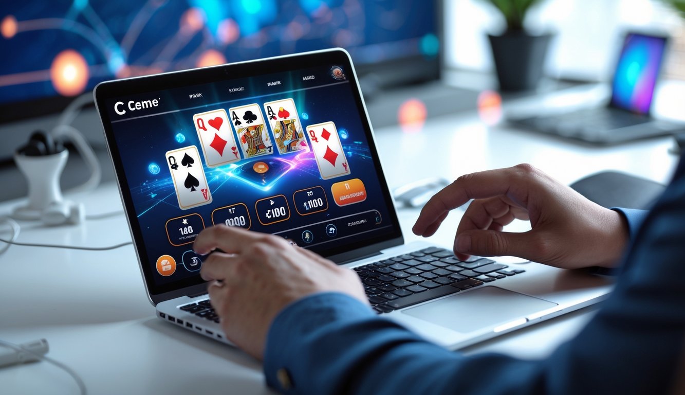 Seseorang menggunakan laptop dengan permainan kartu digital di layar dalam suasana kerja yang modern dan terang.