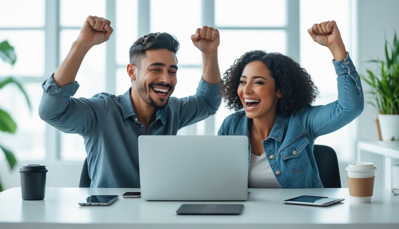 Seorang pria dan wanita muda duduk bersama di meja kantor, tersenyum dan merayakan keberhasilan sambil melihat layar laptop.