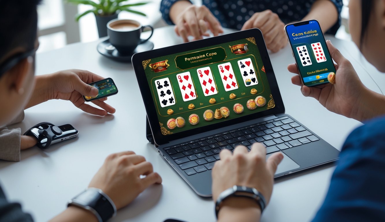 Orang-orang bermain permainan kartu online dengan laptop dan ponsel di meja dalam ruangan yang nyaman.