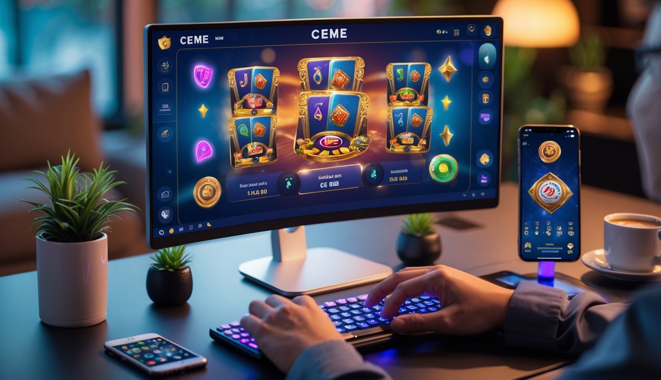 Seseorang sedang bermain permainan kartu Ceme secara online di meja komputer dengan suasana nyaman dan peralatan modern.