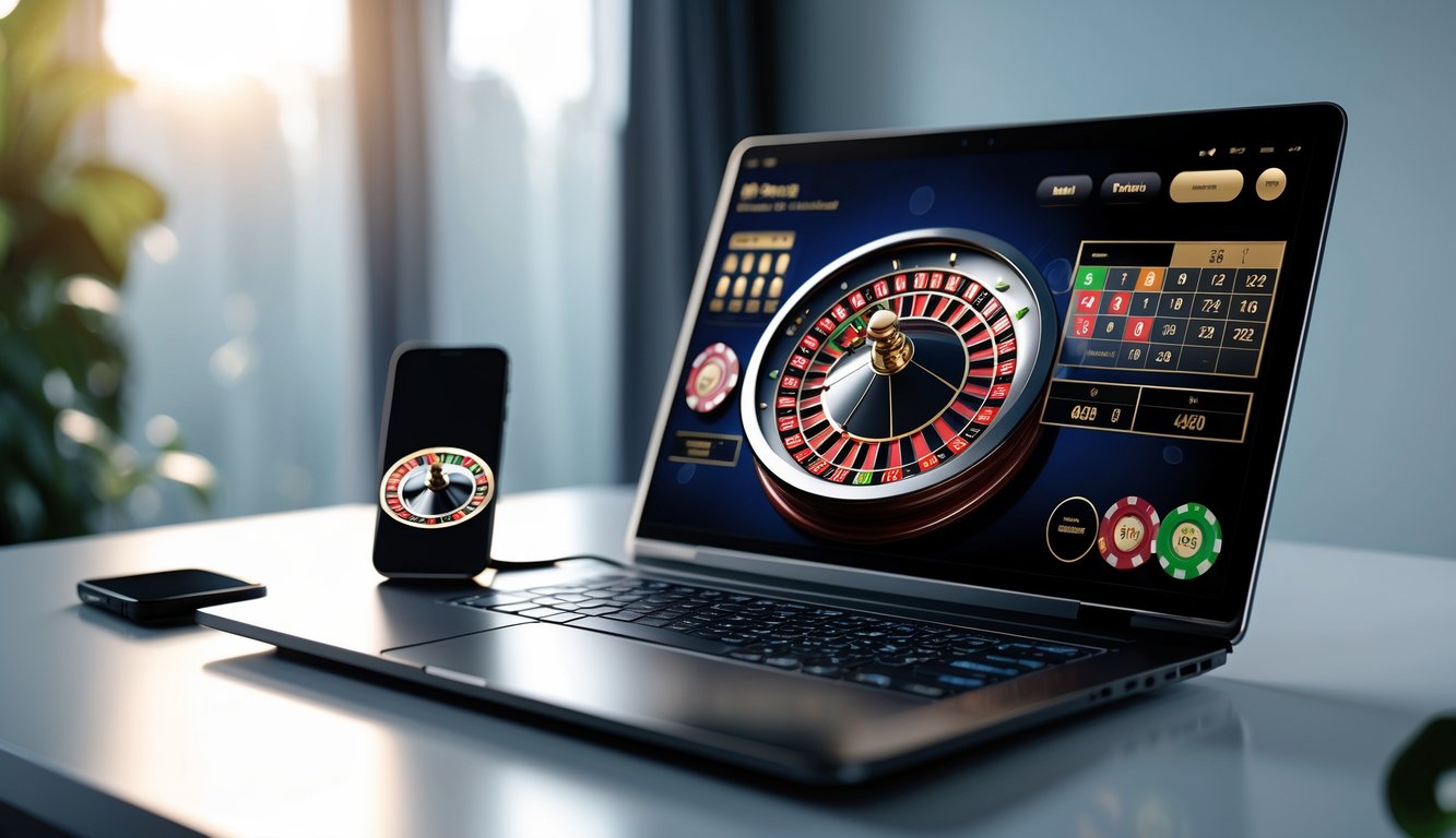 Seorang laptop dan ponsel menampilkan permainan roulette online di atas meja dengan pencahayaan lembut.