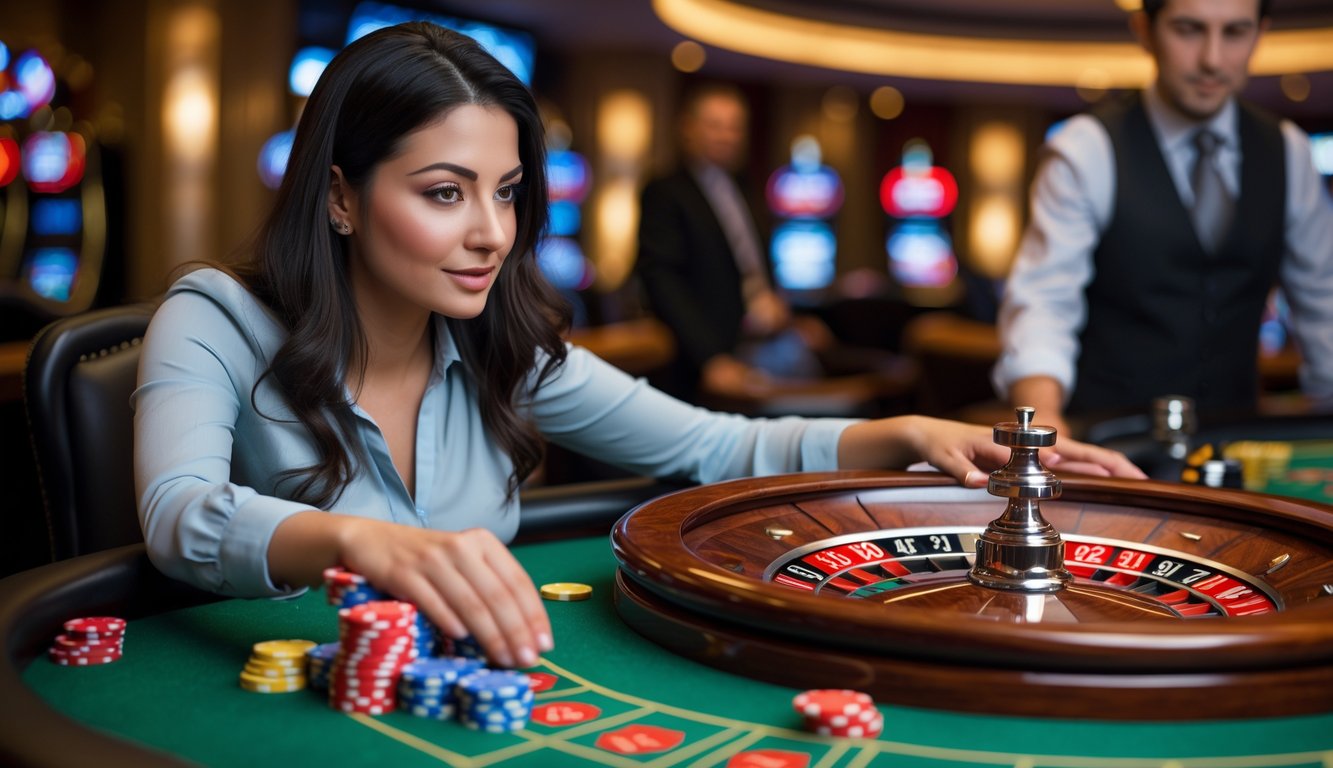 Seorang wanita muda sedang belajar bermain roulette di meja kasino dengan roda roulette dan tumpukan chip warna-warni.