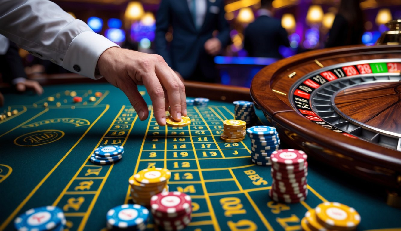 Meja roulette kasino dengan roda roulette yang berputar dan tumpukan chip warna-warni di atas meja taruhan.