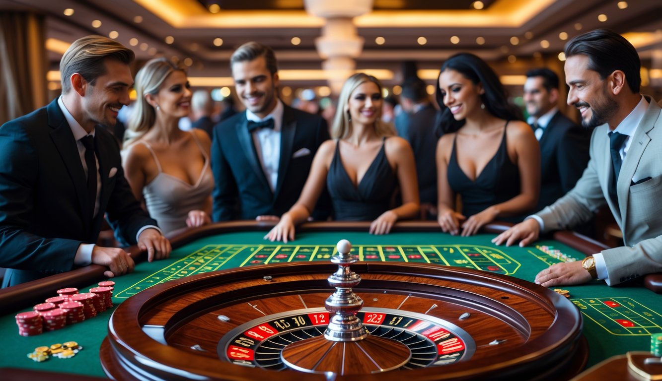 Meja roulette di kasino dengan pemain yang sedang bermain dan suasana yang mewah.