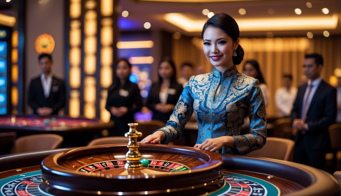 Seorang dealer wanita berdiri di belakang meja roulette yang sedang berputar, dengan latar belakang dekorasi bertema Indonesia dan beberapa pemain yang memperhatikan permainan.