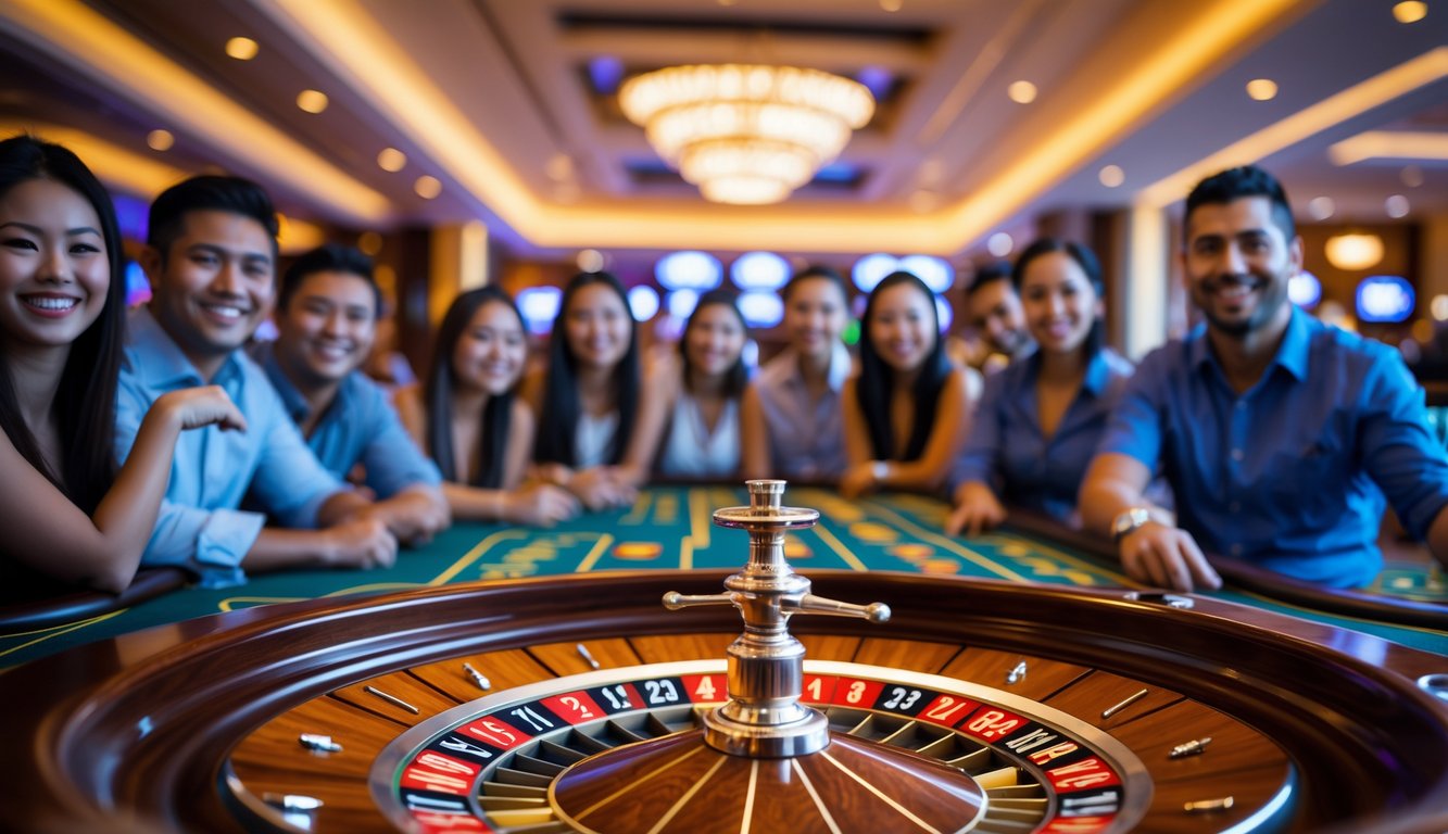 Meja rolet dengan pemain baru yang antusias di kasino yang ramai.