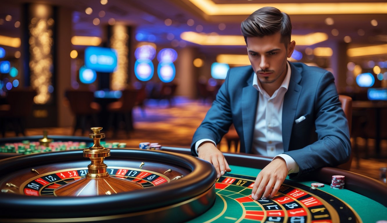 Seorang pria duduk di meja roulette dengan fokus pada roda roulette yang berputar di kasino.
