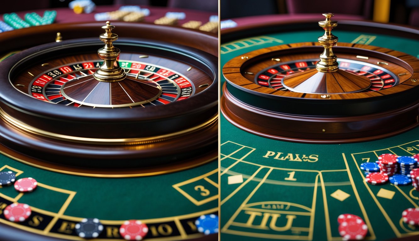 Foto dua roda roulette berdampingan di atas meja kasino dengan chip dan area taruhan.