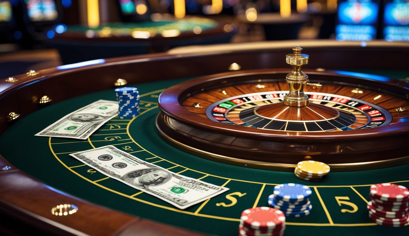 Meja roulette kasino dengan chip dan uang asli di sekitar roda yang sedang berputar.