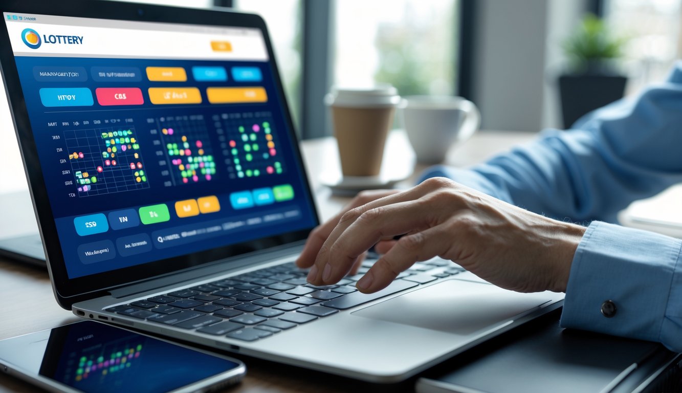 Seseorang menggunakan laptop di meja kerja dengan tampilan antarmuka lotre digital yang berwarna-warni.