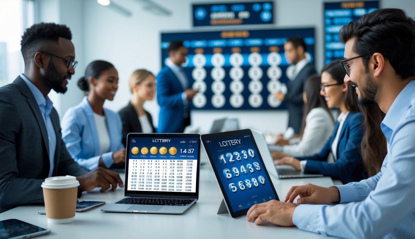 Orang-orang bekerja dengan perangkat digital di kantor modern yang terang dan rapi, fokus pada aktivitas permainan togel online.