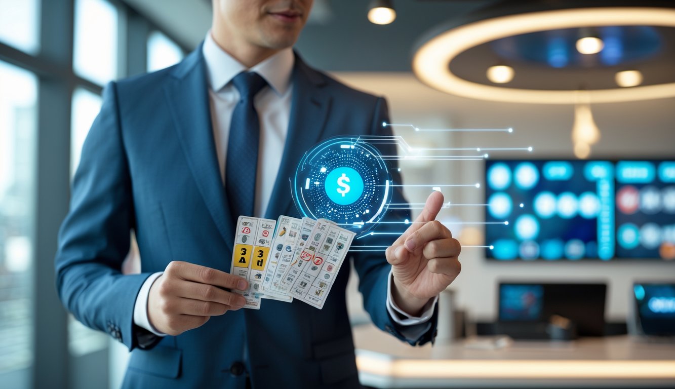 Seseorang berpakaian rapi sedang memegang tiket lotre di ruangan modern yang terang.