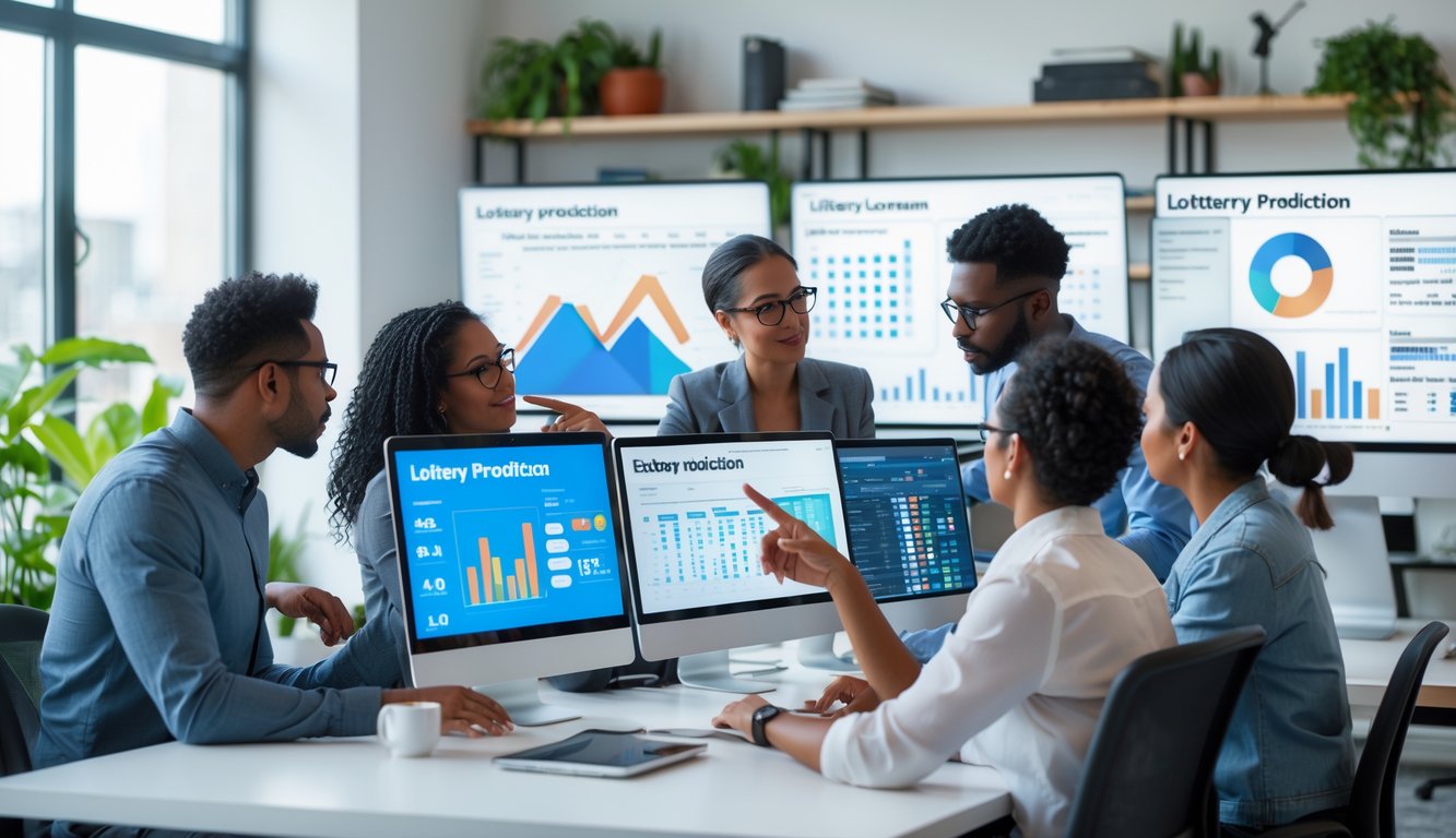 Sekelompok orang sedang menganalisis data dan grafik di kantor modern untuk prediksi togel.
