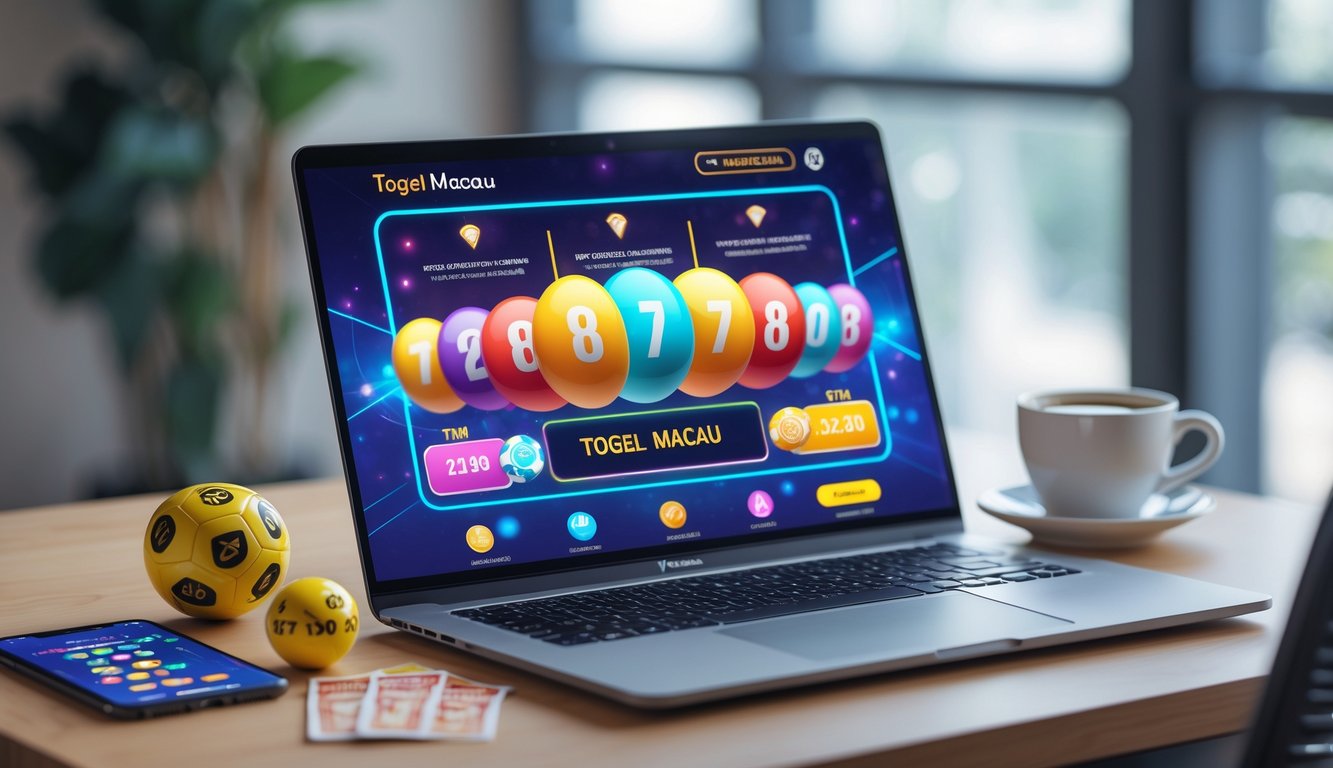 Meja kerja dengan laptop menampilkan permainan lotere online, bola lotere, ponsel, dan cangkir kopi.