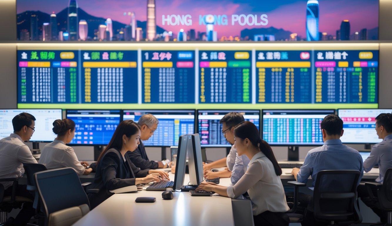 Orang-orang sedang memeriksa hasil lotere di ruangan modern dengan layar digital dan latar belakang kota Hong Kong.