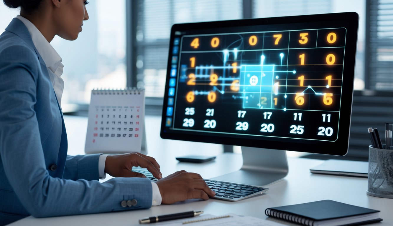 Seorang profesional di kantor yang sedang menggunakan komputer dengan angka dan grafik yang menyala di layar.