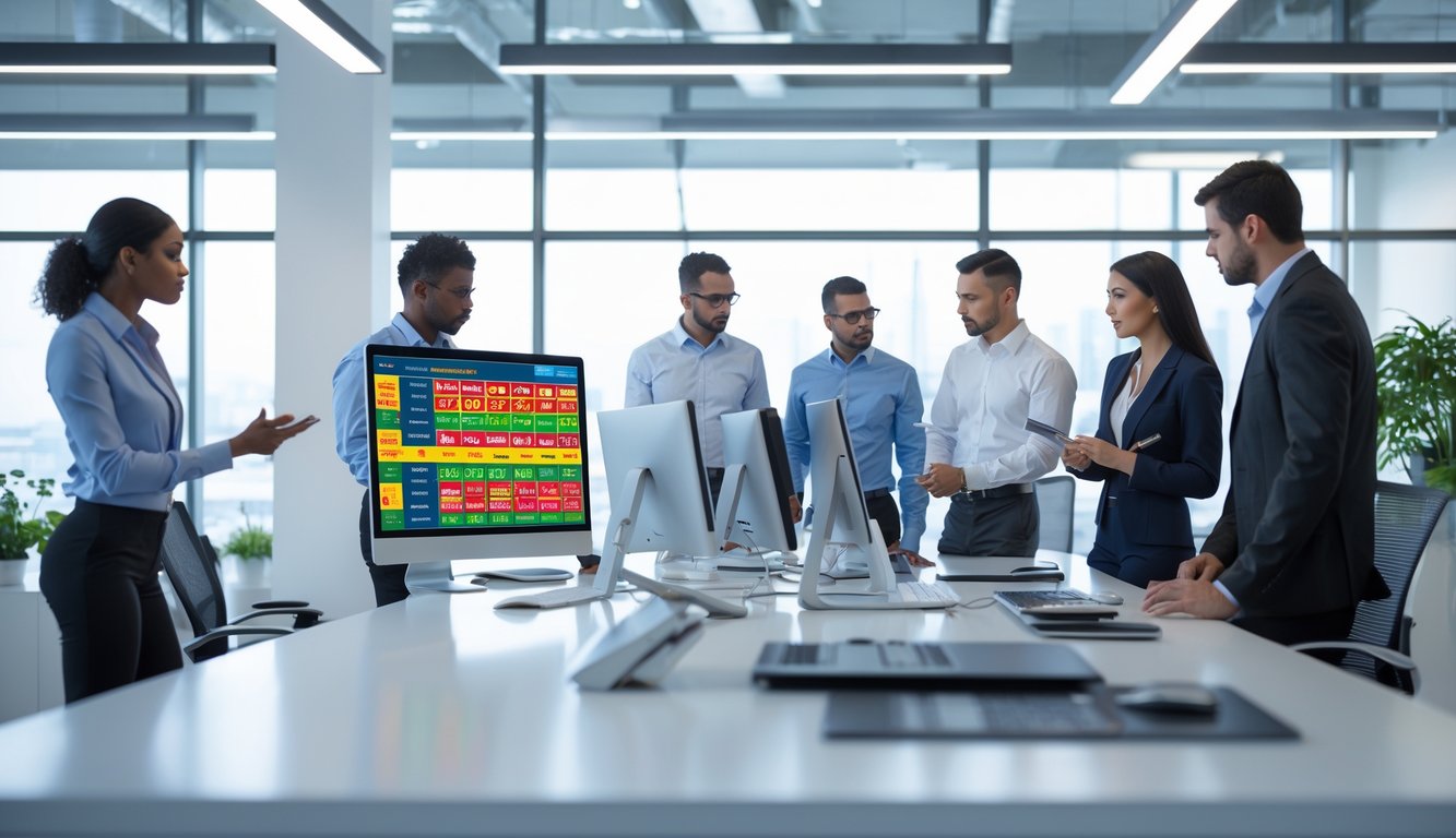 Orang-orang bekerja di kantor modern dengan komputer yang menampilkan grafik dan angka terkait lotere.