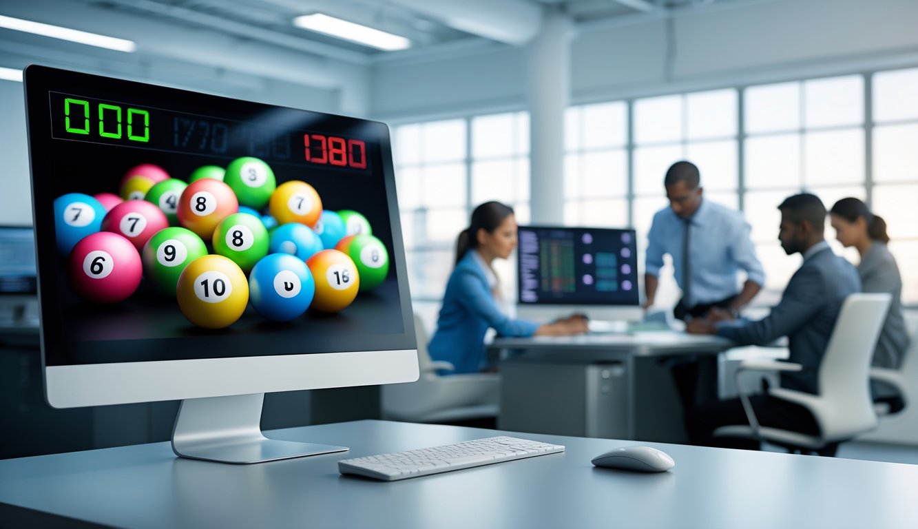 Suasana kantor modern dengan layar komputer menampilkan bola lotere berwarna-warni dan jam digital, serta beberapa orang sedang bekerja dan menganalisis data.