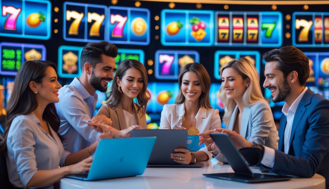 Beberapa orang sedang bermain game slot online menggunakan laptop dan tablet di sebuah ruangan modern dengan layar besar menampilkan grafik mesin slot warna-warni.