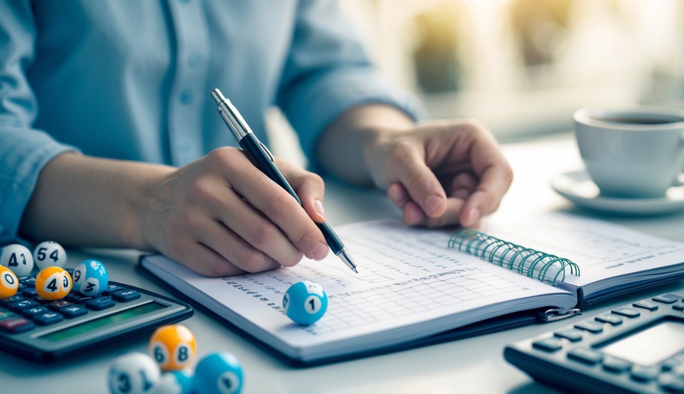 Tangan seseorang memegang pena dan buku catatan dengan angka, di atas meja terdapat bola lotere, kalkulator, dan cangkir kopi.