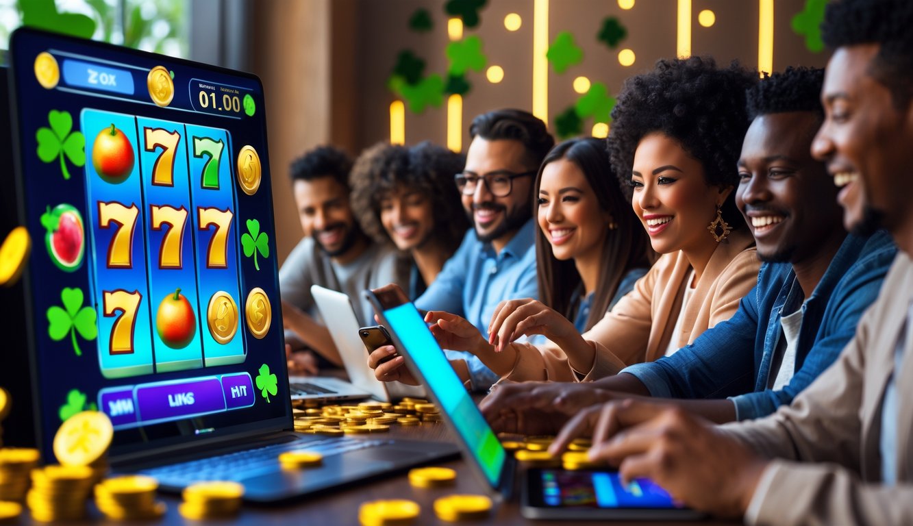 Beberapa orang bermain game slot online dengan perangkat digital di ruangan yang nyaman dan cerah, terlihat simbol keberuntungan dan koin emas mengambang di sekitar mereka.