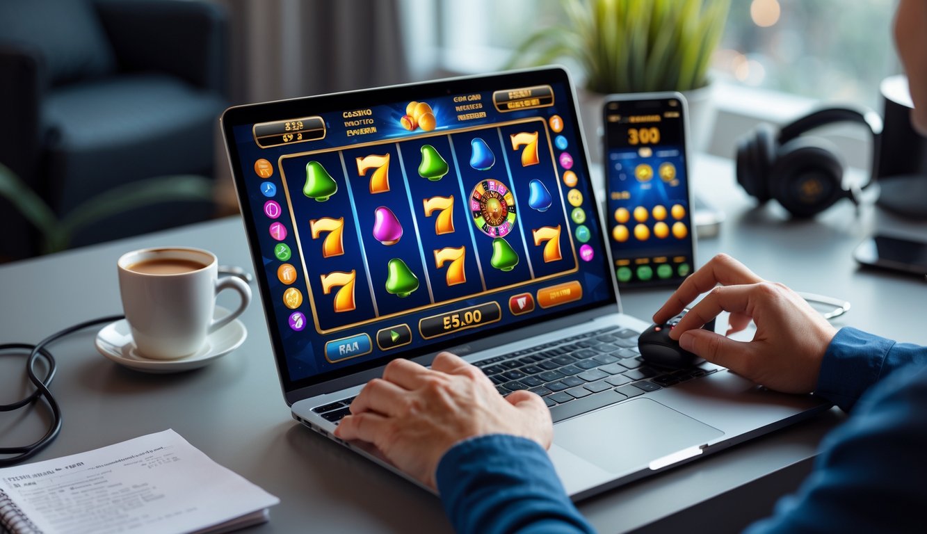 Seseorang bermain mesin slot online di laptop dengan tampilan layar penuh simbol mesin slot dan suasana ruangan modern.