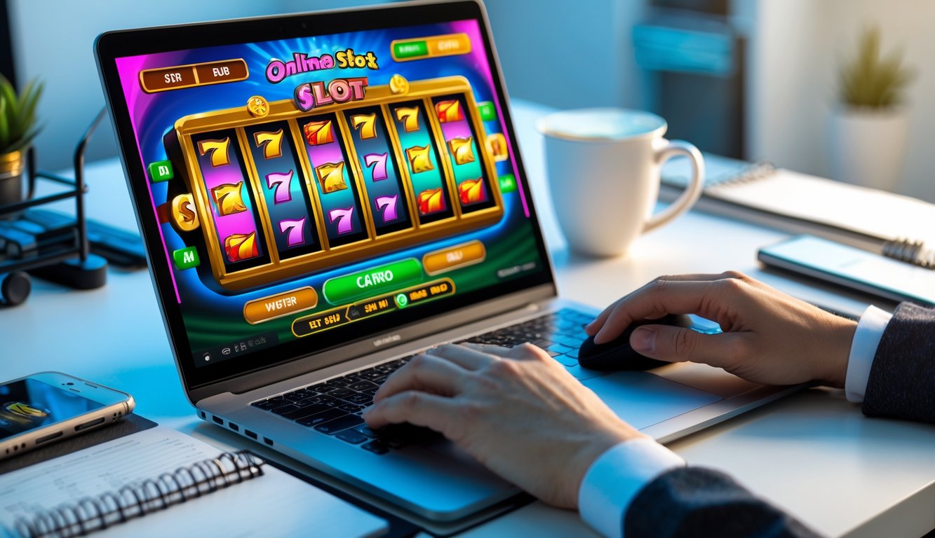Seorang pria duduk di meja kerja dengan laptop yang menampilkan permainan slot online, tangan memegang mouse dan secangkir kopi, di sekitar meja terdapat catatan dan ponsel.