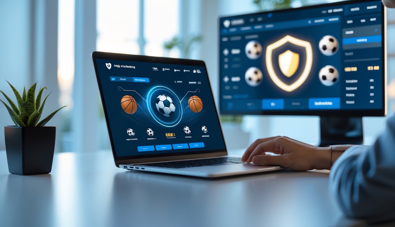 Seseorang menggunakan komputer dengan tampilan situs judi olahraga online yang menampilkan berbagai ikon olahraga di layar.