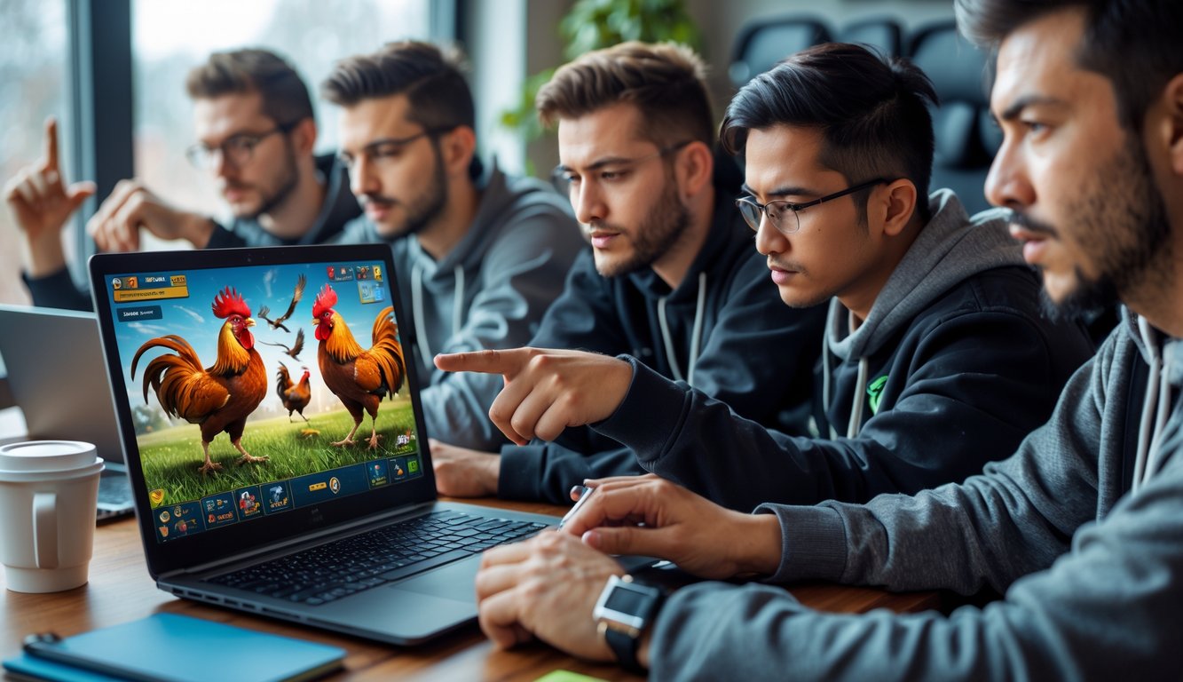 Sekelompok orang serius bermain dan berdiskusi tentang permainan sabung ayam online di depan laptop di sebuah ruang kerja yang terang.