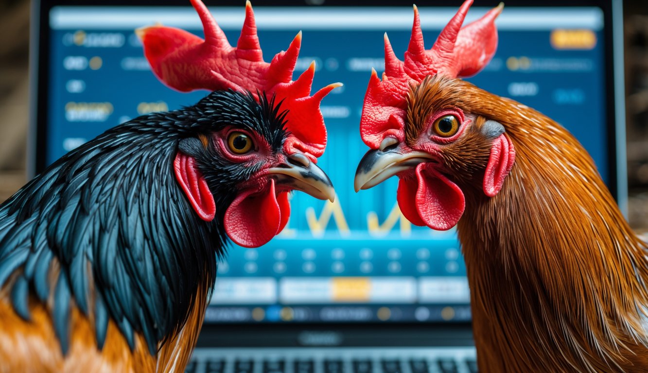 Dua ayam jago yang sehat dan berwarna cerah saling berhadapan dengan perangkat digital di latar belakang yang menampilkan antarmuka taruhan.