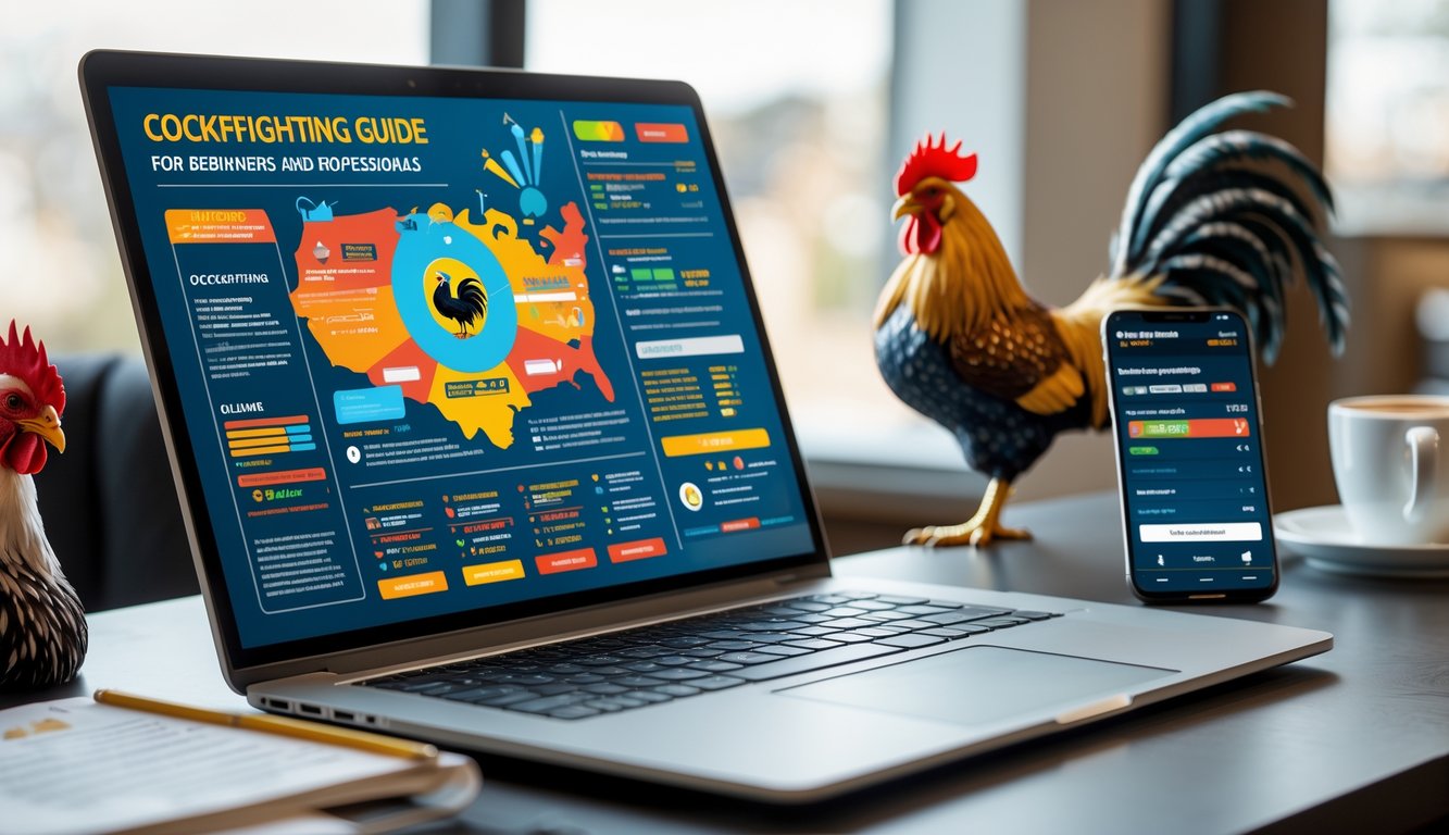 Sebuah meja kerja dengan laptop yang menampilkan panduan online tentang sabung ayam, dikelilingi catatan, ponsel, dan secangkir kopi.