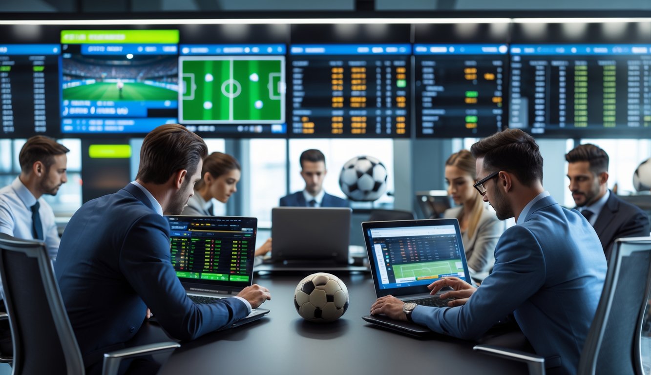 Seorang profesional sedang bekerja di ruang kantor dengan beberapa layar menampilkan pertandingan sepak bola dan data taruhan secara real time.