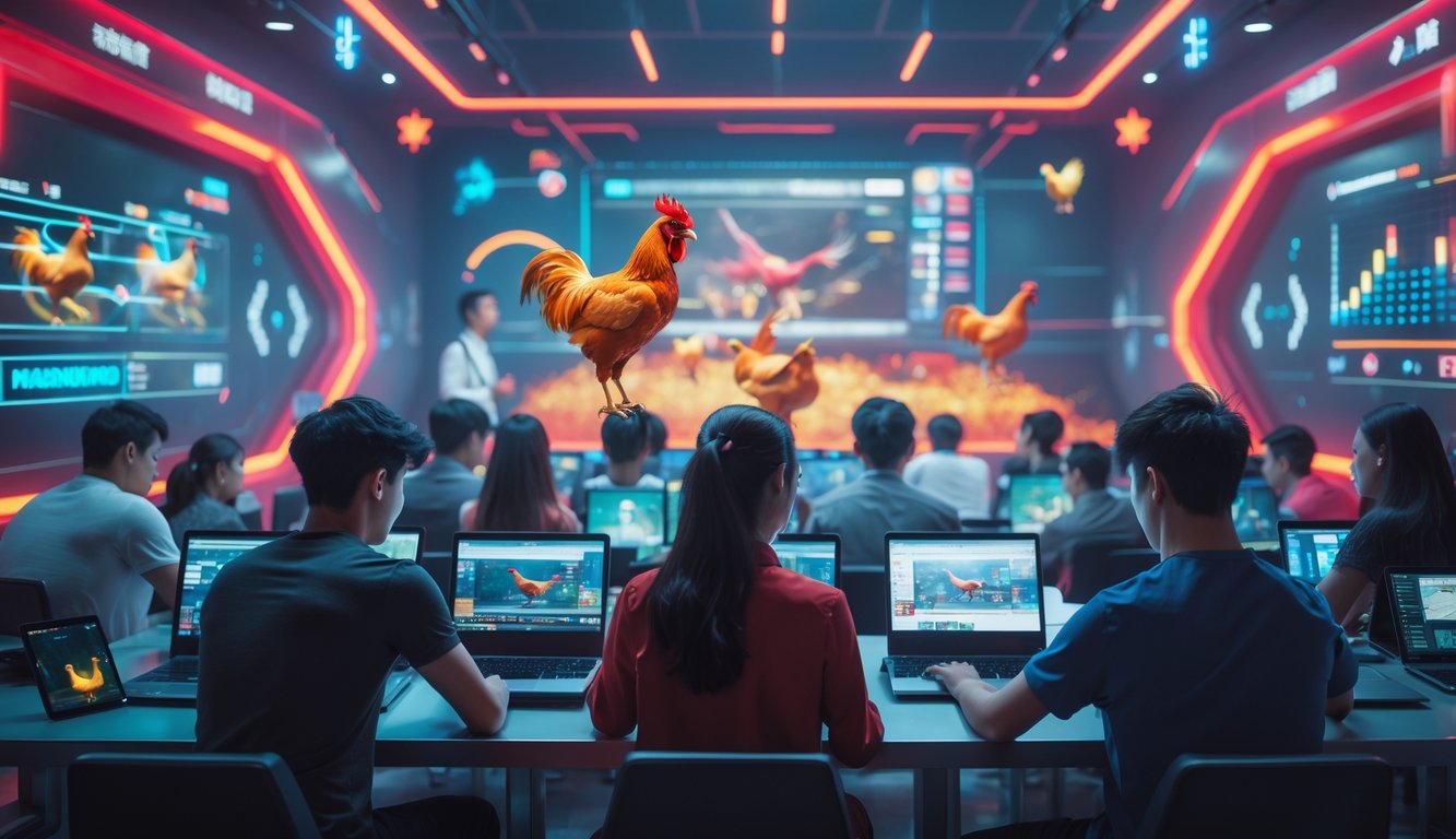 Beberapa orang muda sedang bermain sabung ayam secara online menggunakan perangkat digital di ruangan modern dengan layar dan elemen teknologi di sekitarnya.