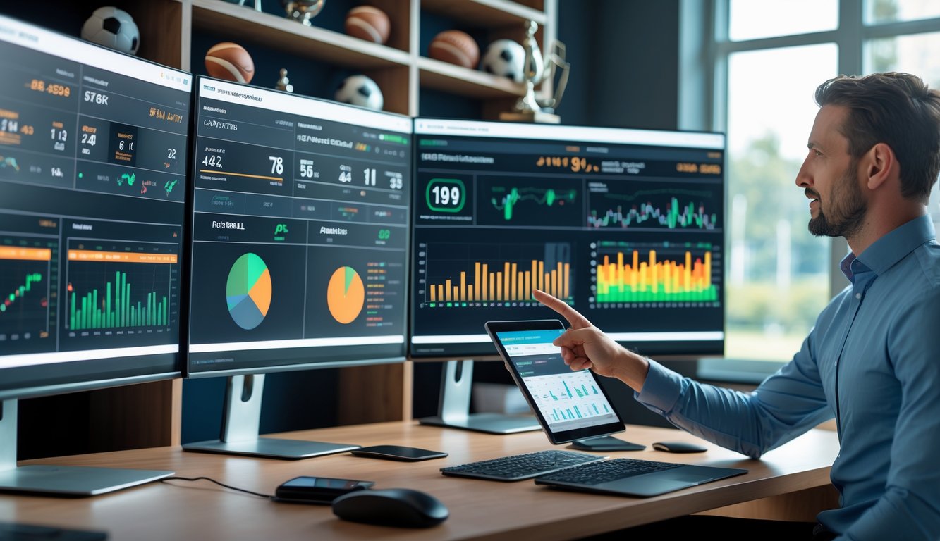 Seorang analis olahraga di ruang kerja dengan beberapa monitor yang menampilkan statistik dan data pertandingan sepak bola.