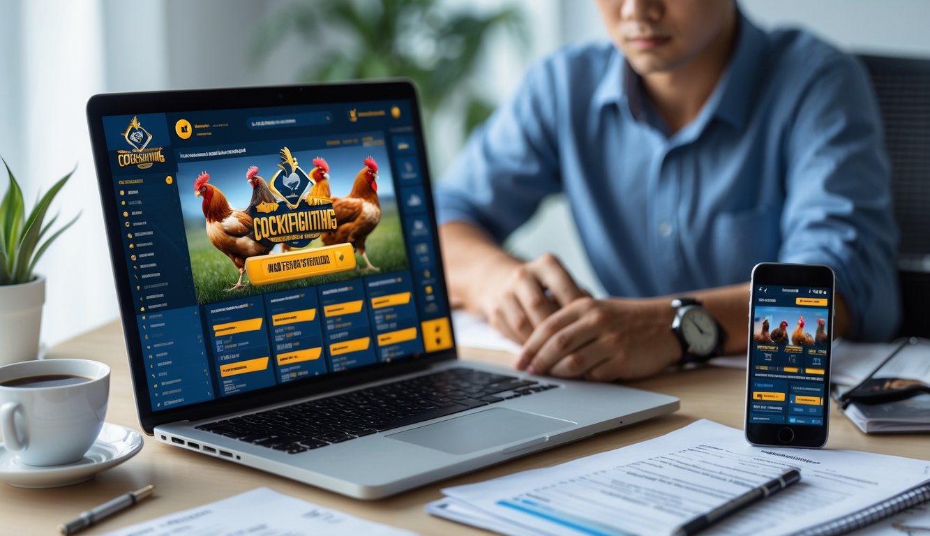 Seseorang sedang menggunakan laptop di meja kerja dengan layar menampilkan situs atau aplikasi terkait sabung ayam online, di meja terdapat catatan dan ponsel, suasana fokus dan terorganisir.