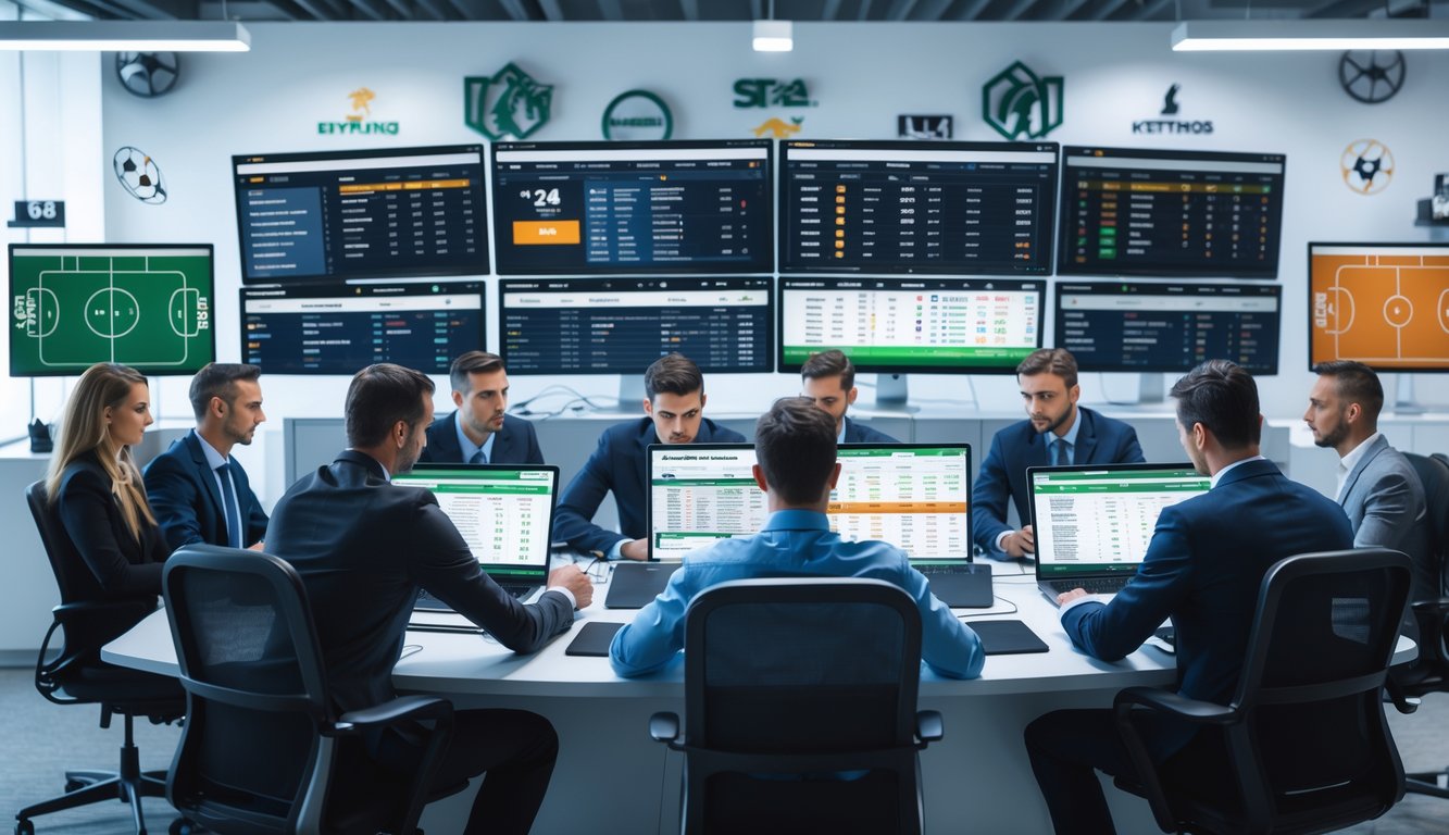 Suasana kantor sportsbook modern dengan beberapa orang profesional yang sedang menganalisis data dan memasang taruhan olahraga menggunakan komputer dan tablet.