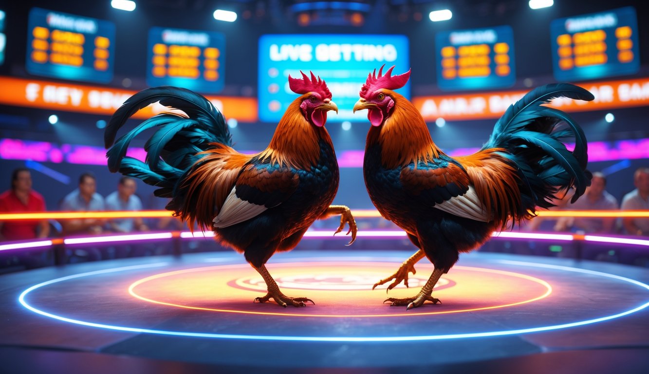 Pertarungan dua ayam jago yang sedang bertarung di arena virtual dengan latar belakang lampu warna-warni dan layar digital.