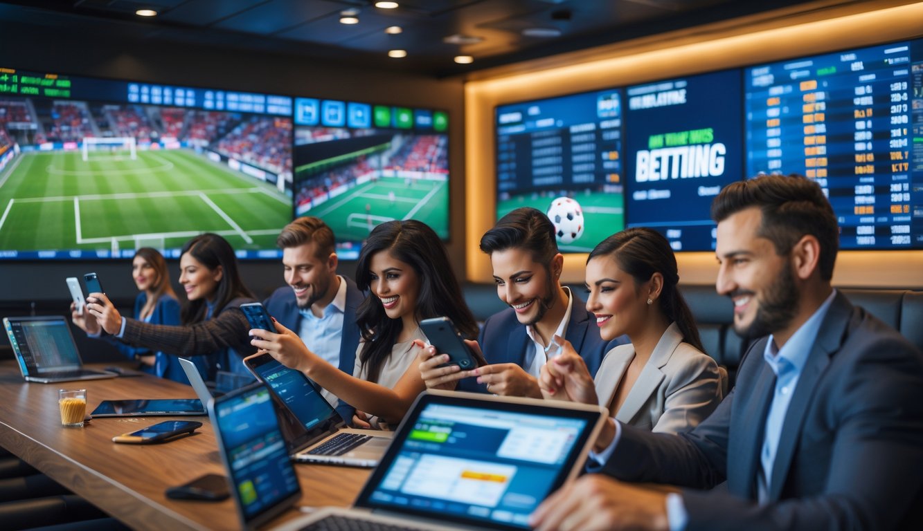 Orang-orang di ruang taruhan olahraga yang sibuk, menonton pertandingan olahraga langsung dan menggunakan perangkat elektronik untuk memasang taruhan.