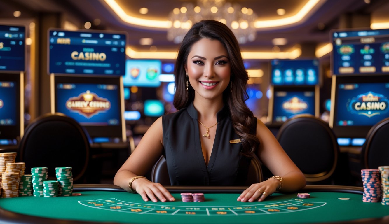 Seorang dealer profesional duduk di meja kasino dengan kartu dan chip, di latar belakang terdapat layar yang menampilkan permainan kasino online.