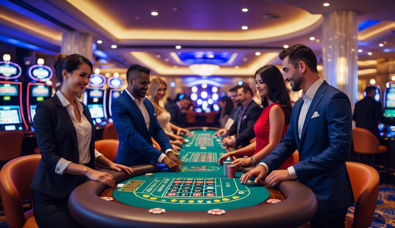 Orang-orang bermain berbagai permainan kasino di dalam ruangan kasino yang modern dan terang.