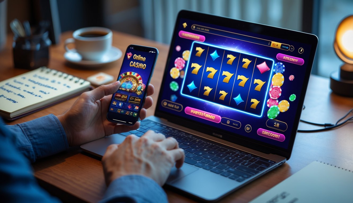 Seseorang menggunakan laptop dan ponsel untuk bermain permainan kasino online di meja kerja dengan catatan dan kopi di sampingnya.