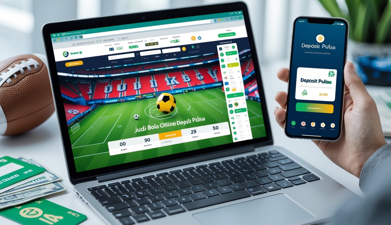 Seorang pengguna sedang menggunakan laptop dan ponsel untuk memasang taruhan bola online dengan metode deposit pulsa.