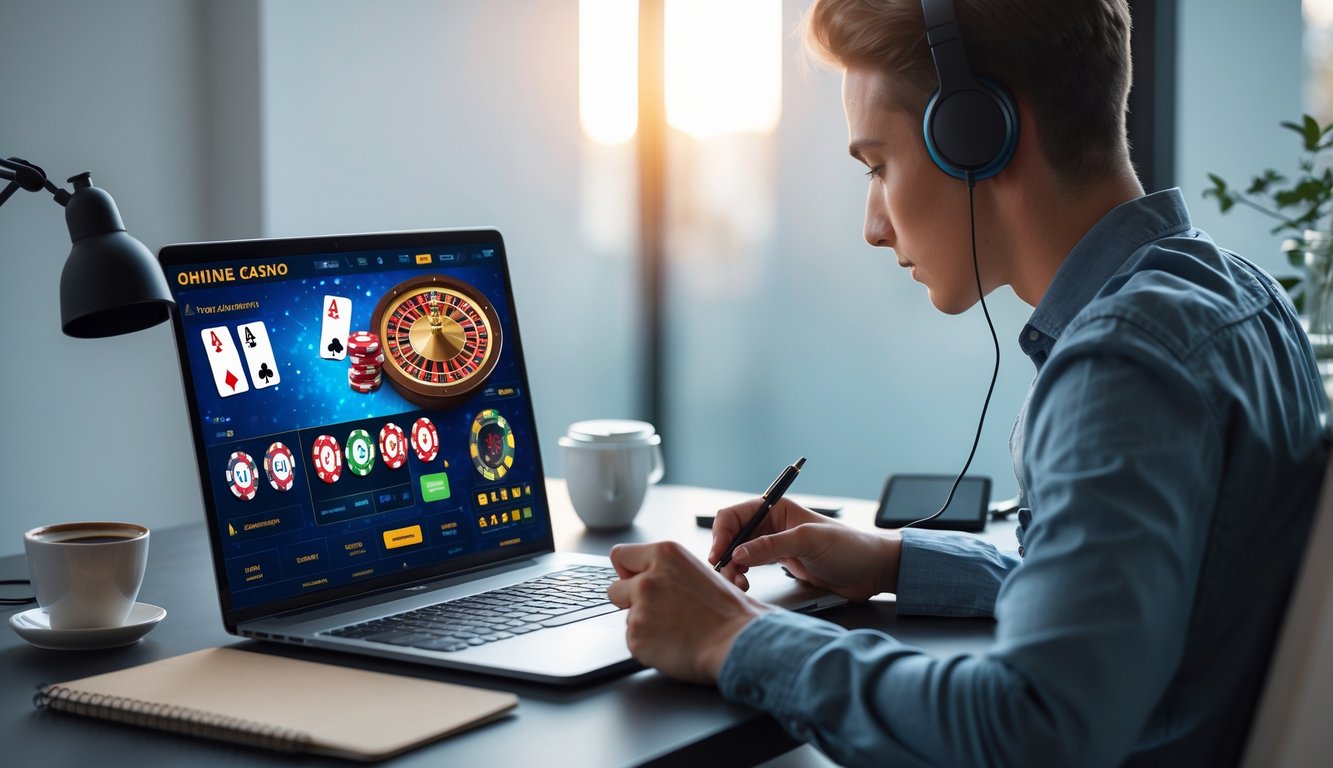 Seseorang sedang fokus merencanakan strategi bermain kasino online di depan laptop dengan layar permainan kasino dan peralatan tulis di meja.