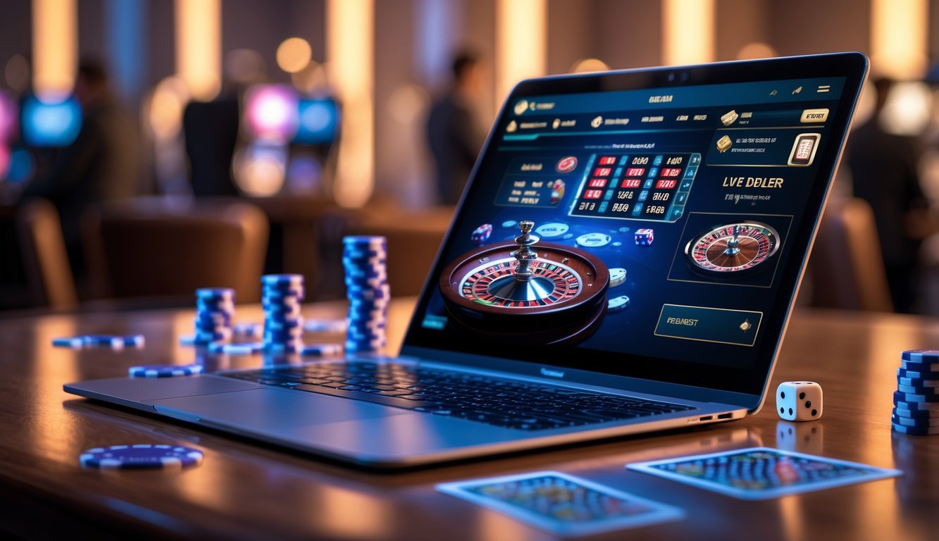 Seseorang bermain permainan kasino langsung di laptop dengan chip poker dan kartu di meja kayu.