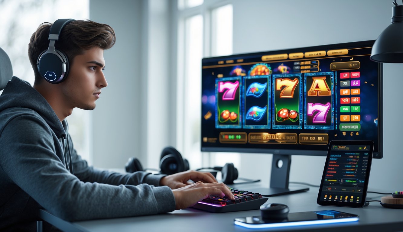 Seorang pria muda duduk di depan komputer dengan layar menampilkan permainan slot online, terlihat fokus dan serius dalam suasana ruang kerja yang rapi.