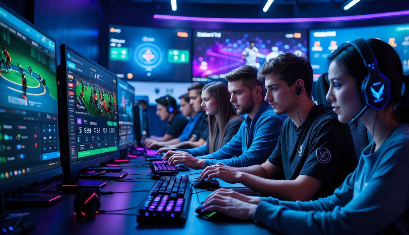 Sekelompok orang muda bermain dan bertaruh pada permainan eSports di sebuah ruangan dengan layar komputer dan perangkat gaming.