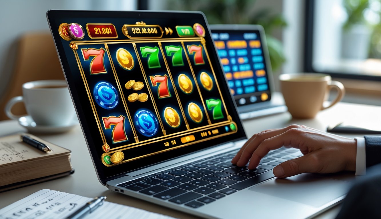 Tangan seseorang sedang menggunakan laptop dengan tampilan mesin slot online berwarna-warni di layar, di meja kerja dengan catatan dan kopi.