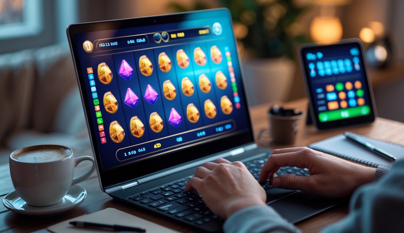 Seorang pemain sedang menggunakan komputer dengan tampilan permainan slot online yang berwarna-warni di layar, di meja terdapat cangkir kopi dan alat tulis.